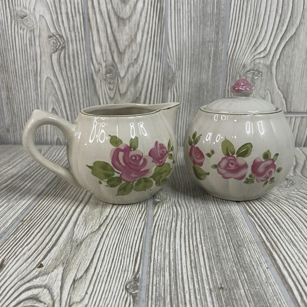 Gibson Everyday Roseland Ceramic Covered Sugar Bowl and Creamer Set Pink Roses